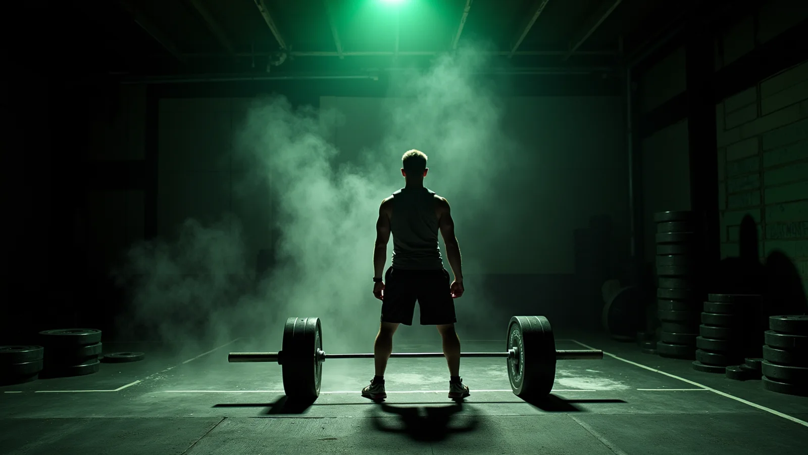 Dark gym floor with chalk dust lit in volt-green rim light